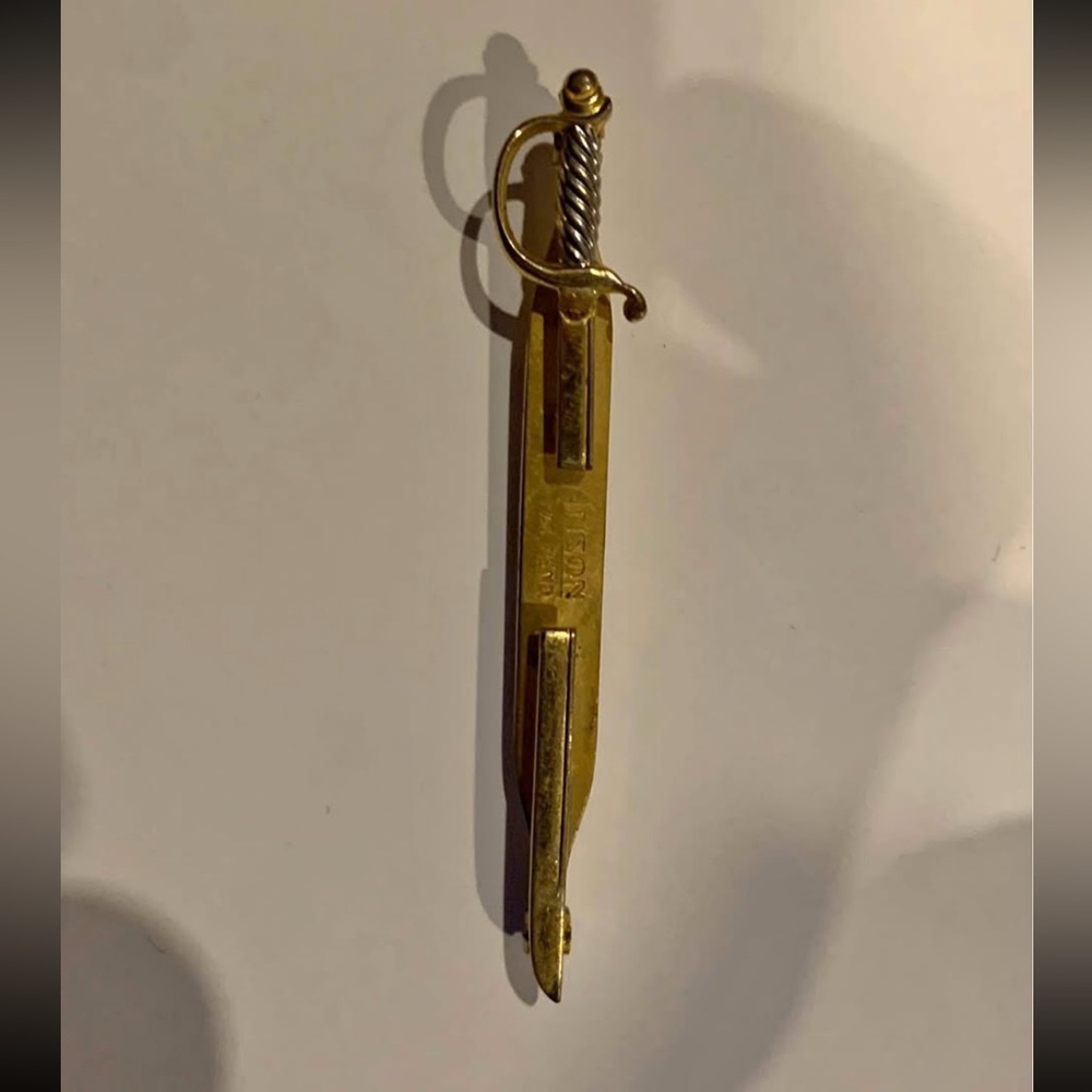 Vintage Anson Flamberge Sword Pierced Magic Tie Clasp Pin Clip Gold Tone